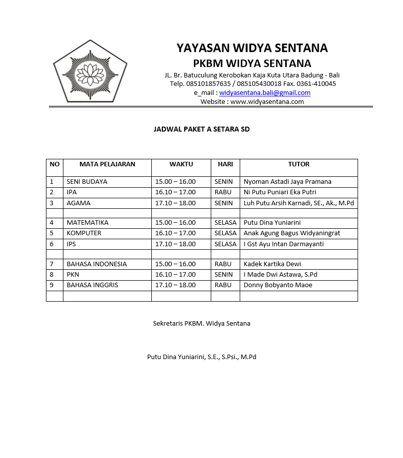 JADWAL PAKET A (SETARA SD) - TRIWULAN II SEMESTER I TAHUN PELAJARAN 2022-2023