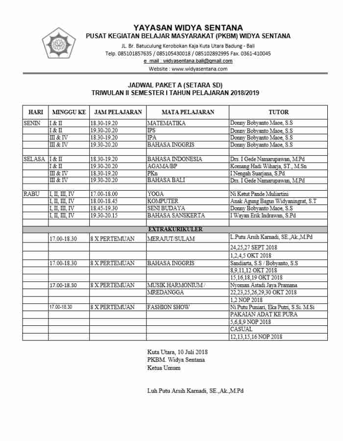 JADWAL PAKET A (SETARA SD) - TRIWULAN II SEMESTER I TAHUN PELAJARAN 2018-2019